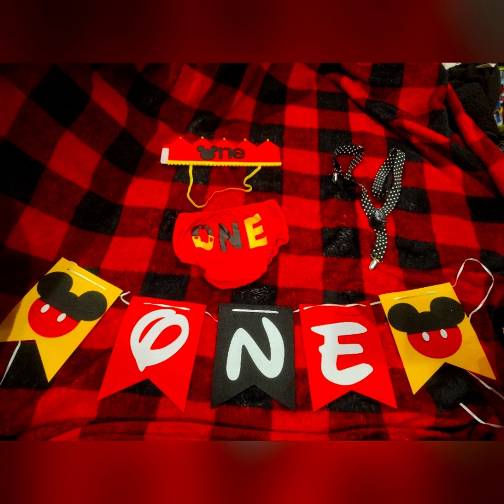 Mickey mouse 1st birthday bottoms, suspenders, banner, crown,bowtie